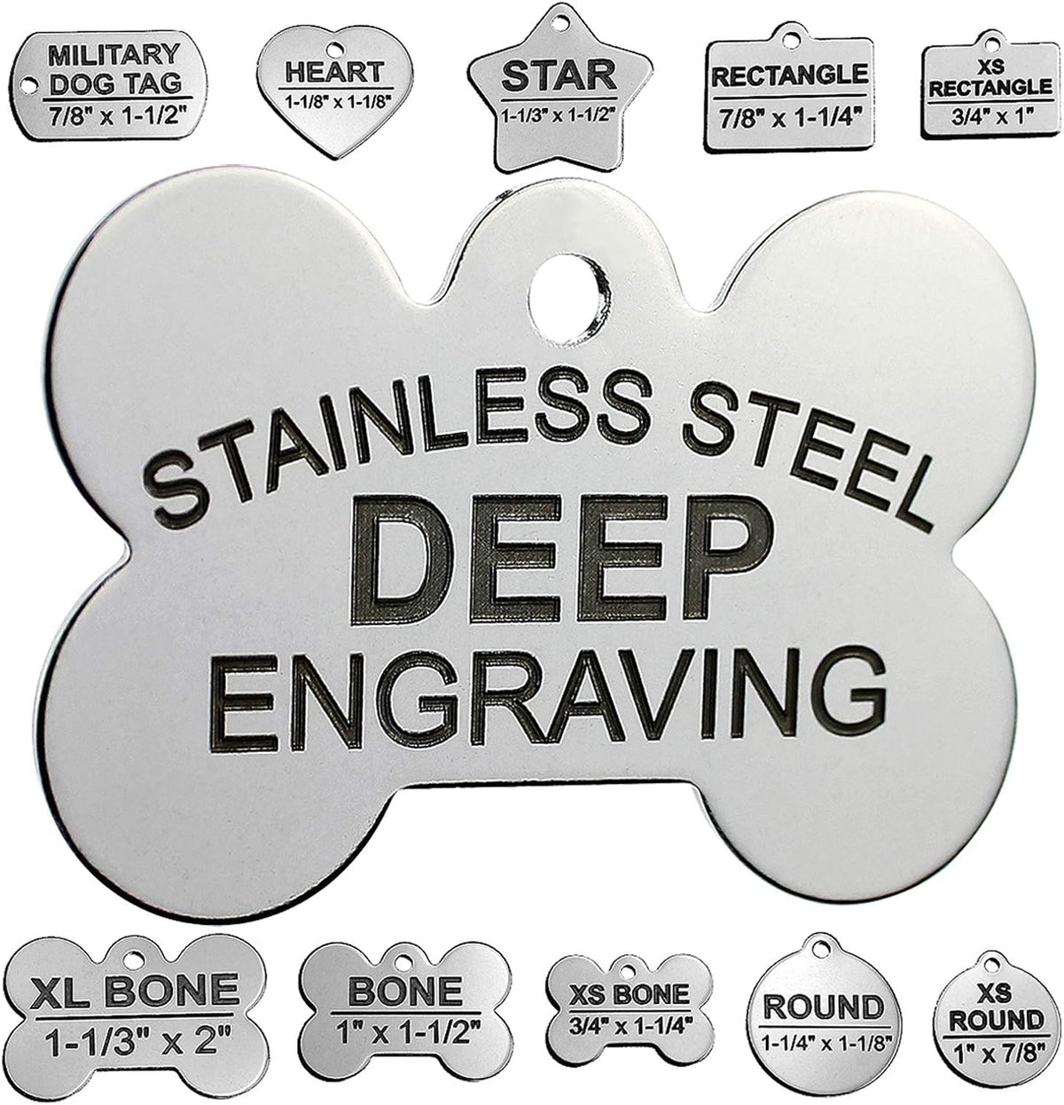 Pawsitively Pet Tags DEEP Engraved Premium Dog And Cat ID Tag front view showcasing personalized deep cut text on a bone shape stainless steel surface.