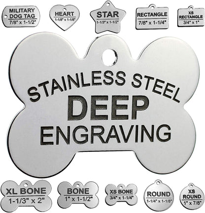 Pawsitively Pet Tags DEEP Engraved Premium Dog And Cat ID Tag front view showcasing personalized deep cut text on a bone shape stainless steel surface.