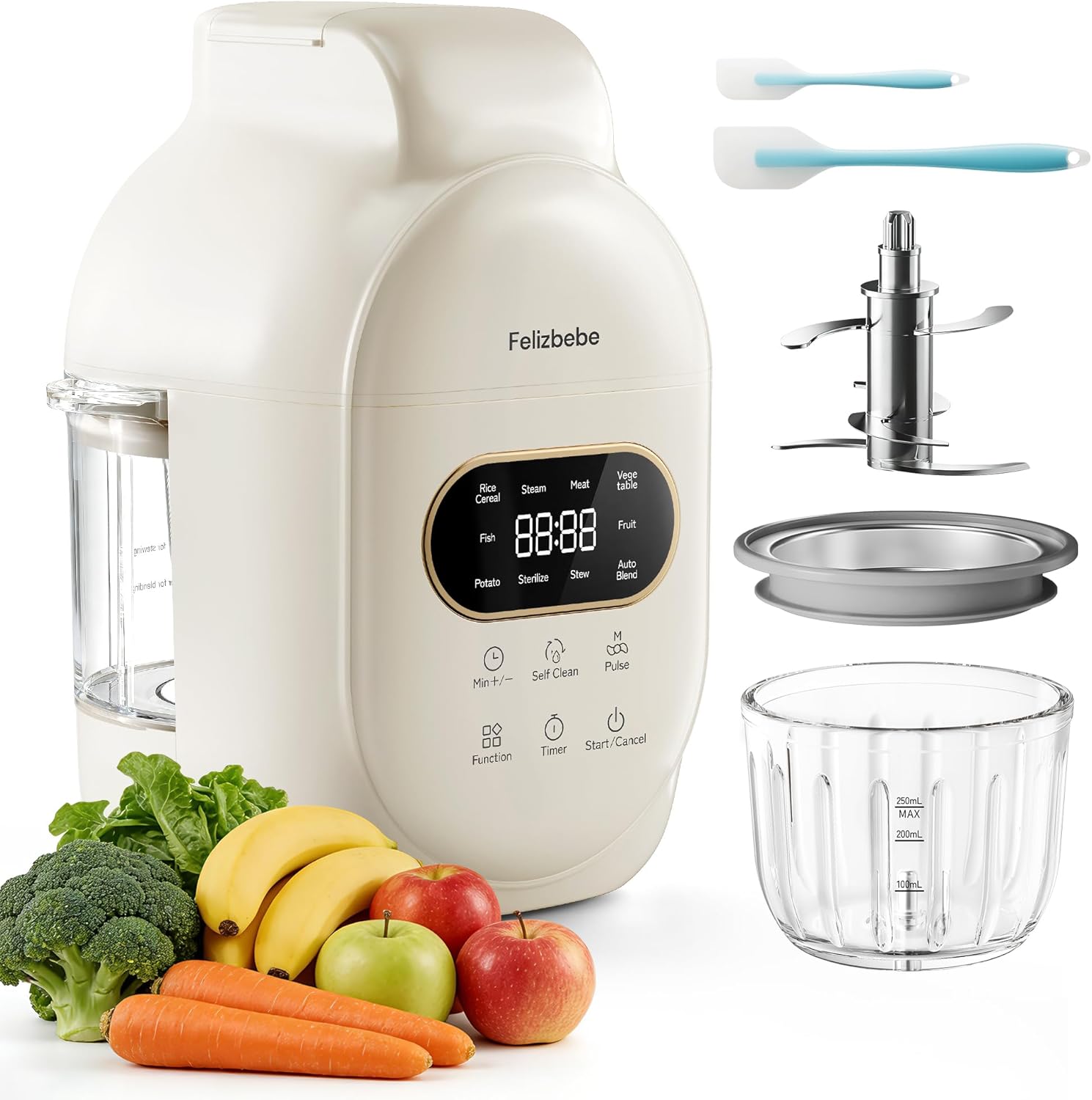 Felizbebe glass baby food maker steamer and blender white front view showing digital touch screen interface