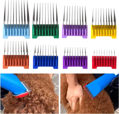 Different sizes of colorful pet grooming comb attachments showing millimeter measurements