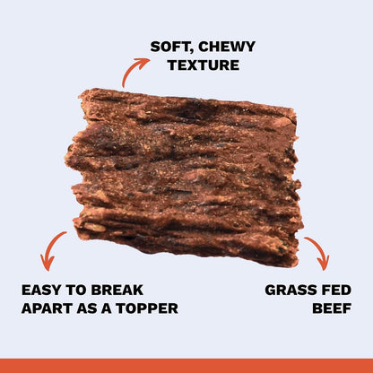 Grain free dehydrated beef dog treats showing soft meaty texture for sensitive pets