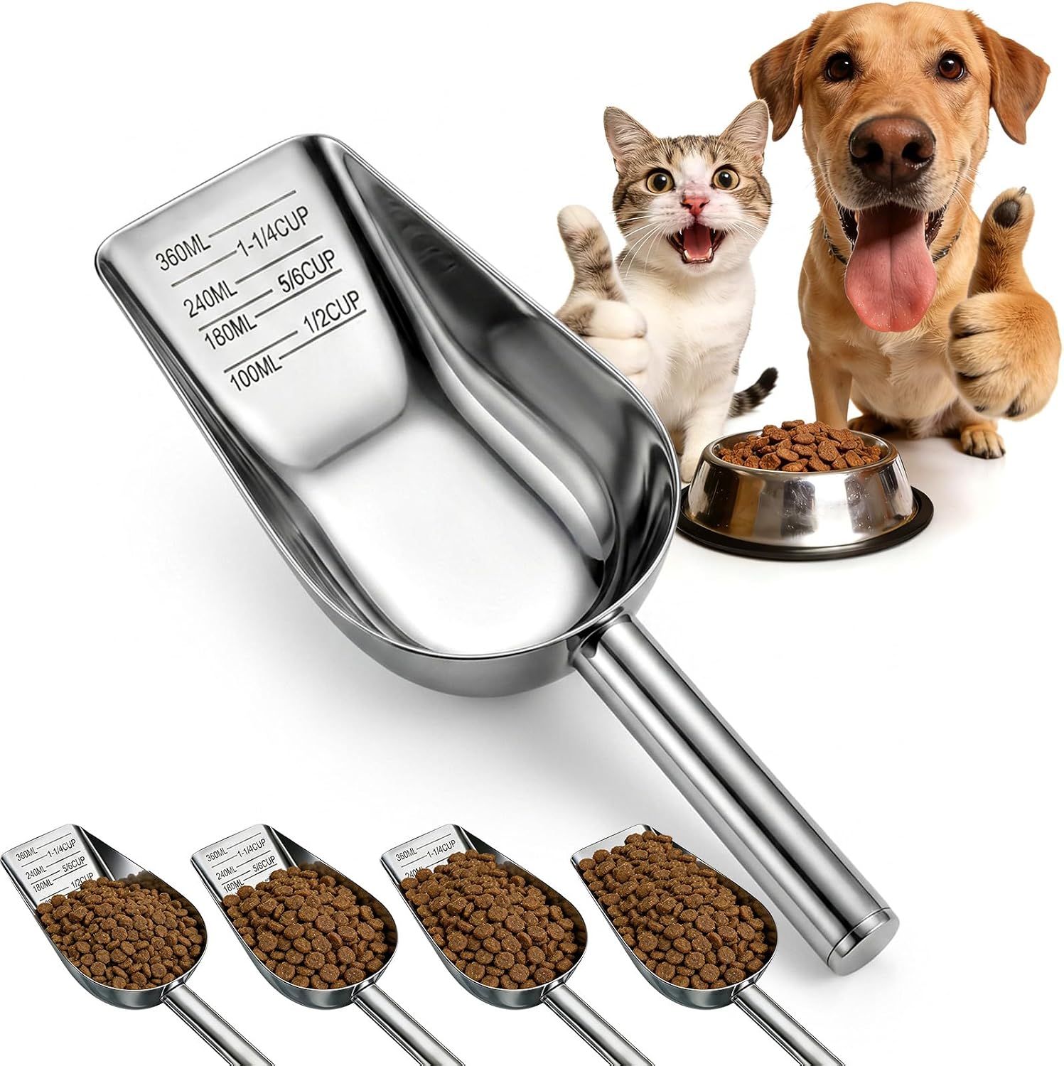 Clean polished finish of Mity Rain pet food measuring scoop