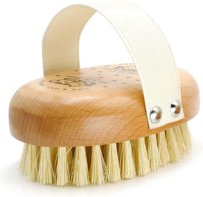 Handheld soft bristle pet brush being held with the ergonomic cotton strap for grip.
