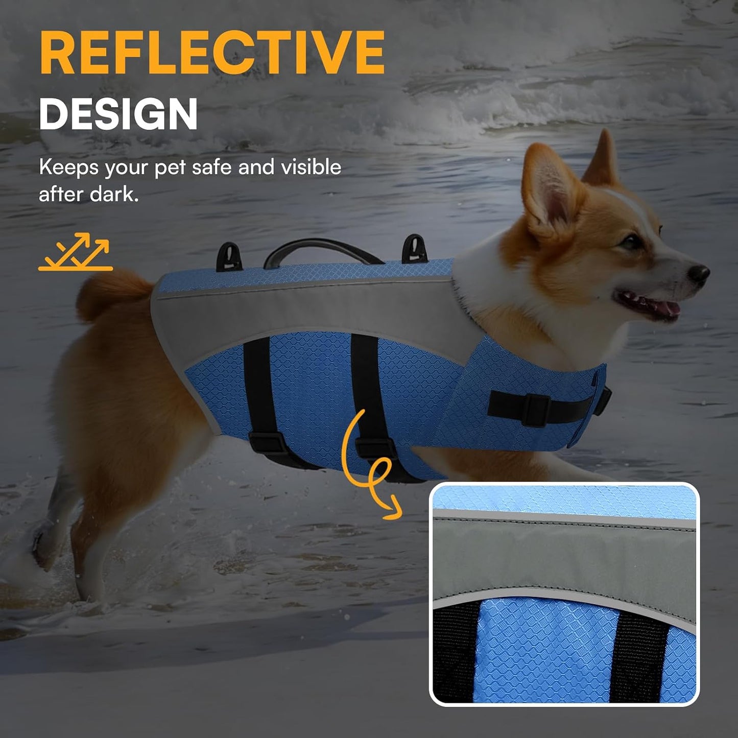 Queenmore dog swimming vest displaying reflective safety strips in low light