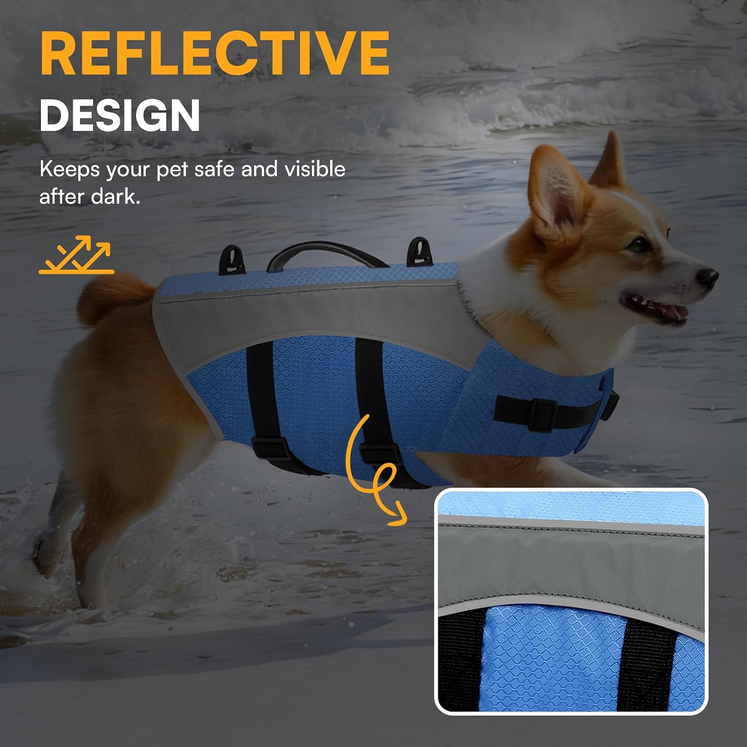 Queenmore dog swimming vest displaying reflective safety strips in low light