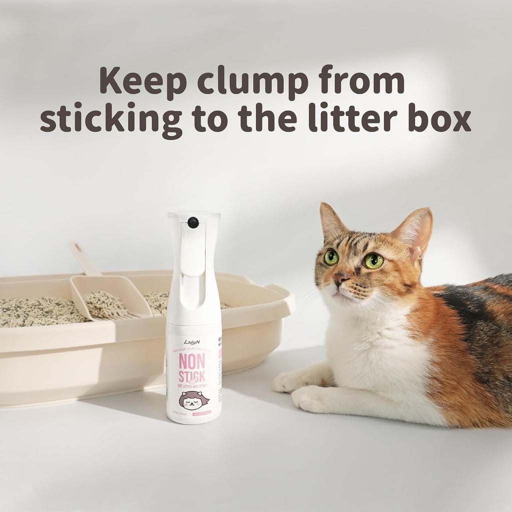 Lady N non stick spray preventing wet cat litter from sticking to plastic pans
