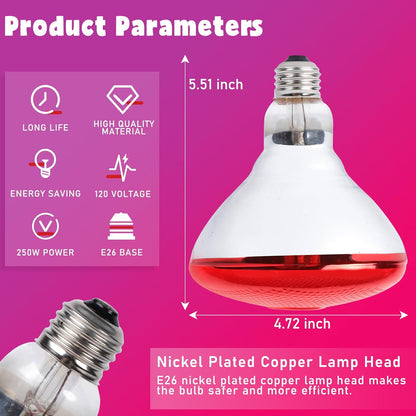 Lucky Herp 250 Watts red heat light bulb highlighting the E26 nickel-plated copper base.