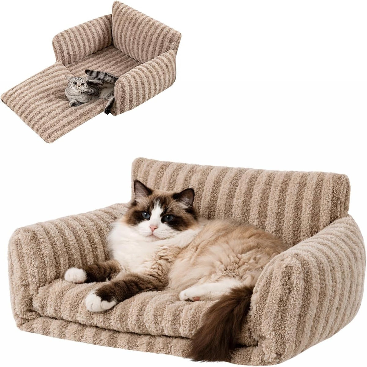 Hollypet Cat Bed Fluffy Plush Multifunctional Double-Layer Machine Washable Soft Warming Kitty Pet Couch Orthopedic Nest Beds for Small Cats Kitten and Dogs up to 13lbs, Khaki(21x15x8 inch) - Image 9