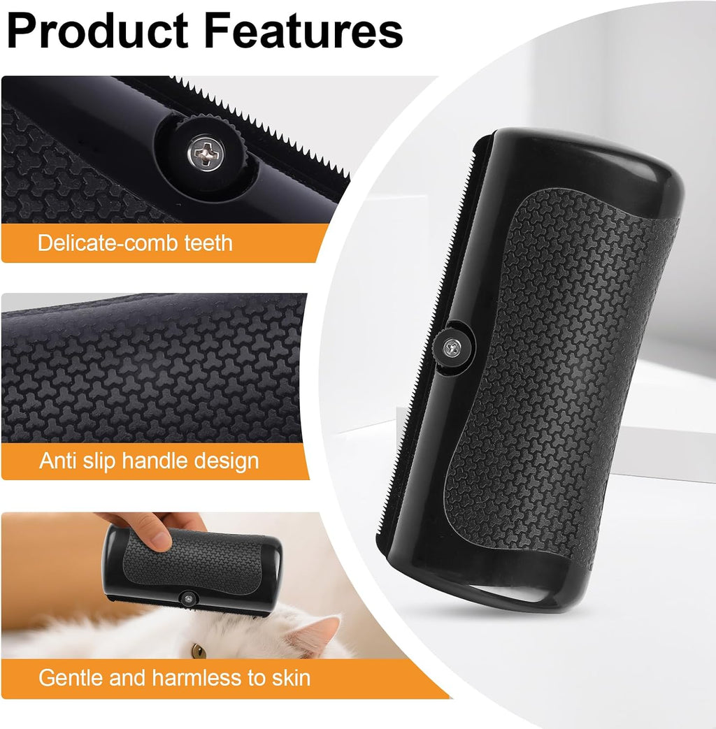 Black Groomi cat deshedding tool showing stainless steel teeth close up