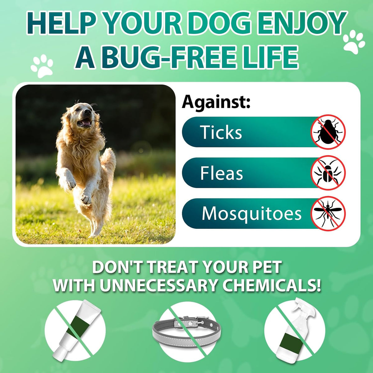 USA-imported Carmelie flea and tick protection jar highlighting the non-chemical coat care and wellness benefits