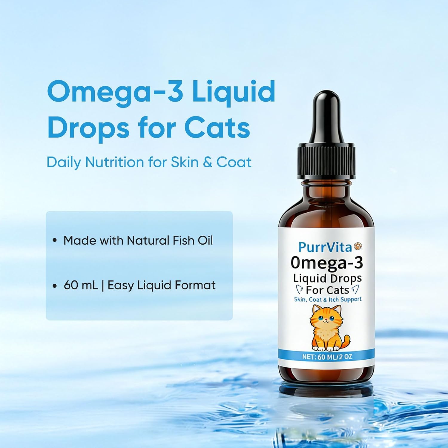 Natural cat fish oil supplement being mixed into wet feline food using the dropper.
