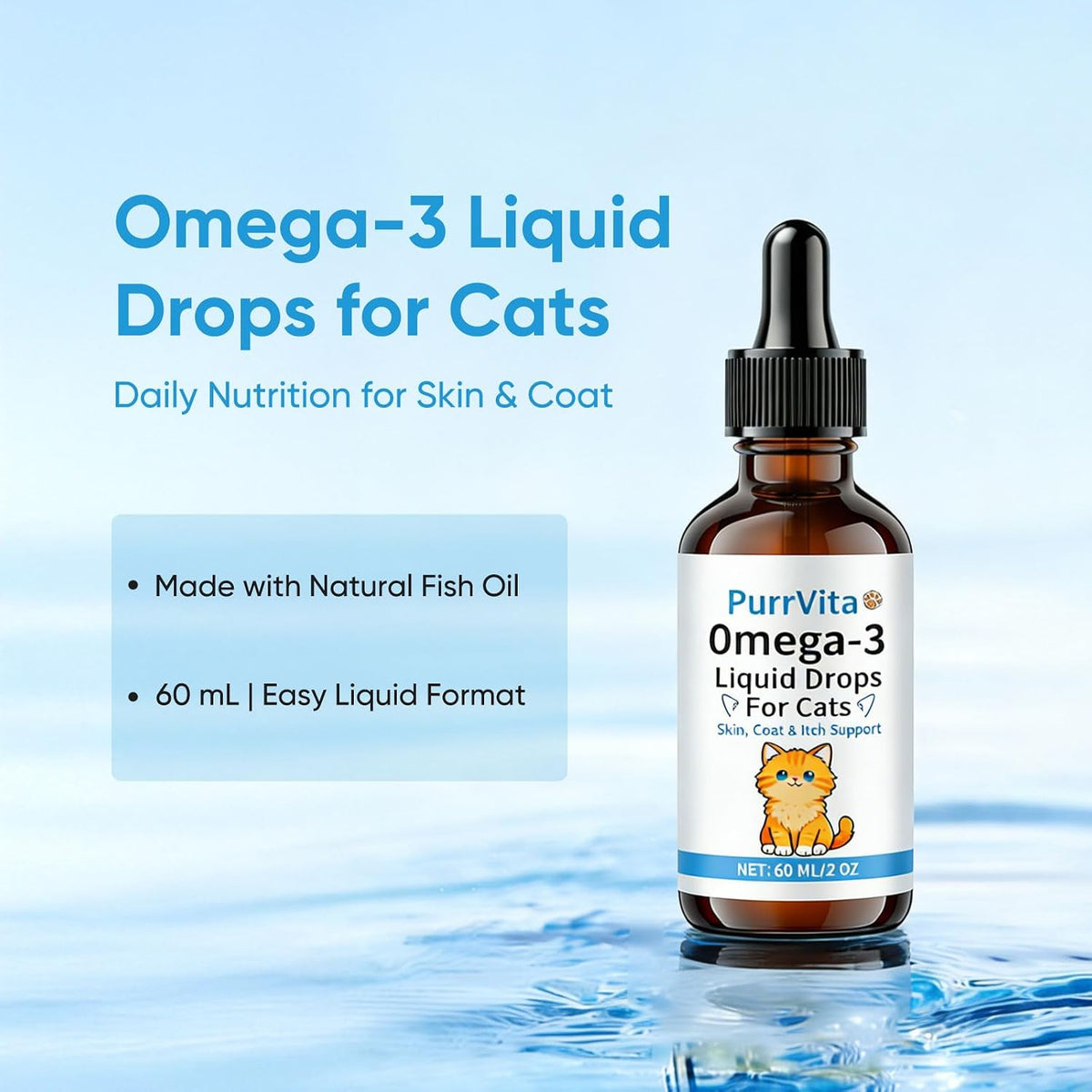 Natural cat fish oil supplement being mixed into wet feline food using the dropper.