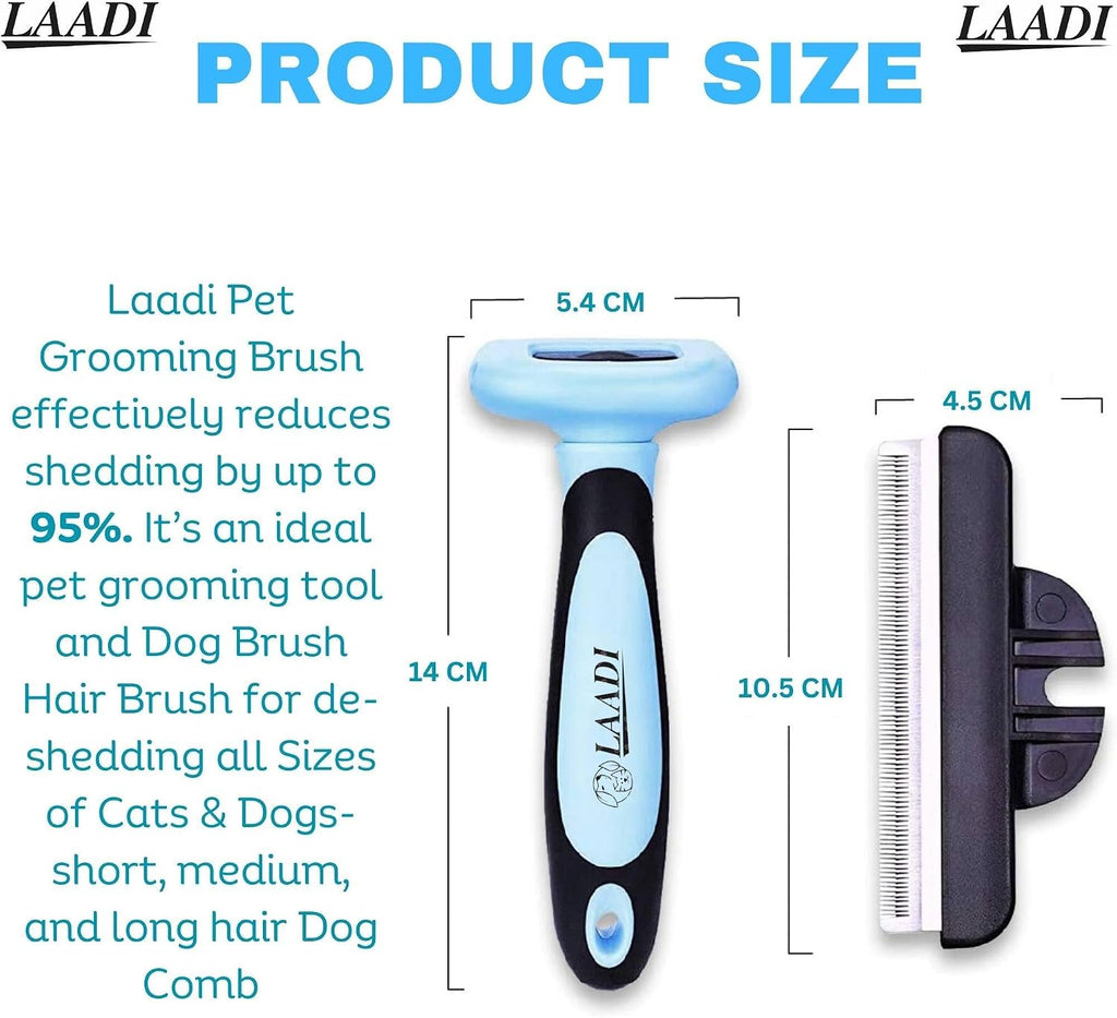 Blue ergonomic handle of the LAADI pet hair remover and deshedder