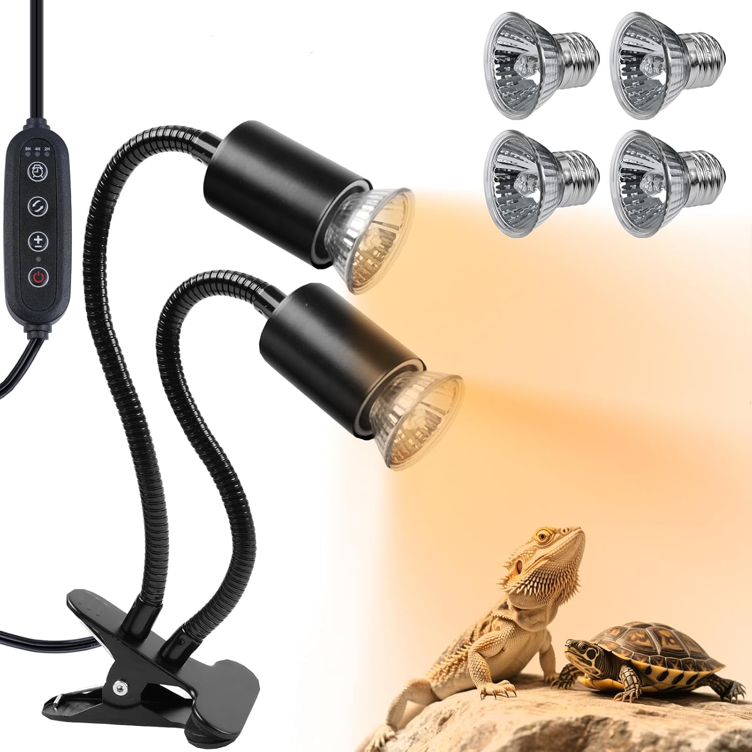 LUCKY HERP Reptile Heat Lamp with Clamp, Aquarium Turtle Tank Basking Light with 360 degrees Rotatable Timing & Dimming and 2 Pack 50W UVA UVB Heat Light Bulb for Turtle Tortoise Lizard - Image 9