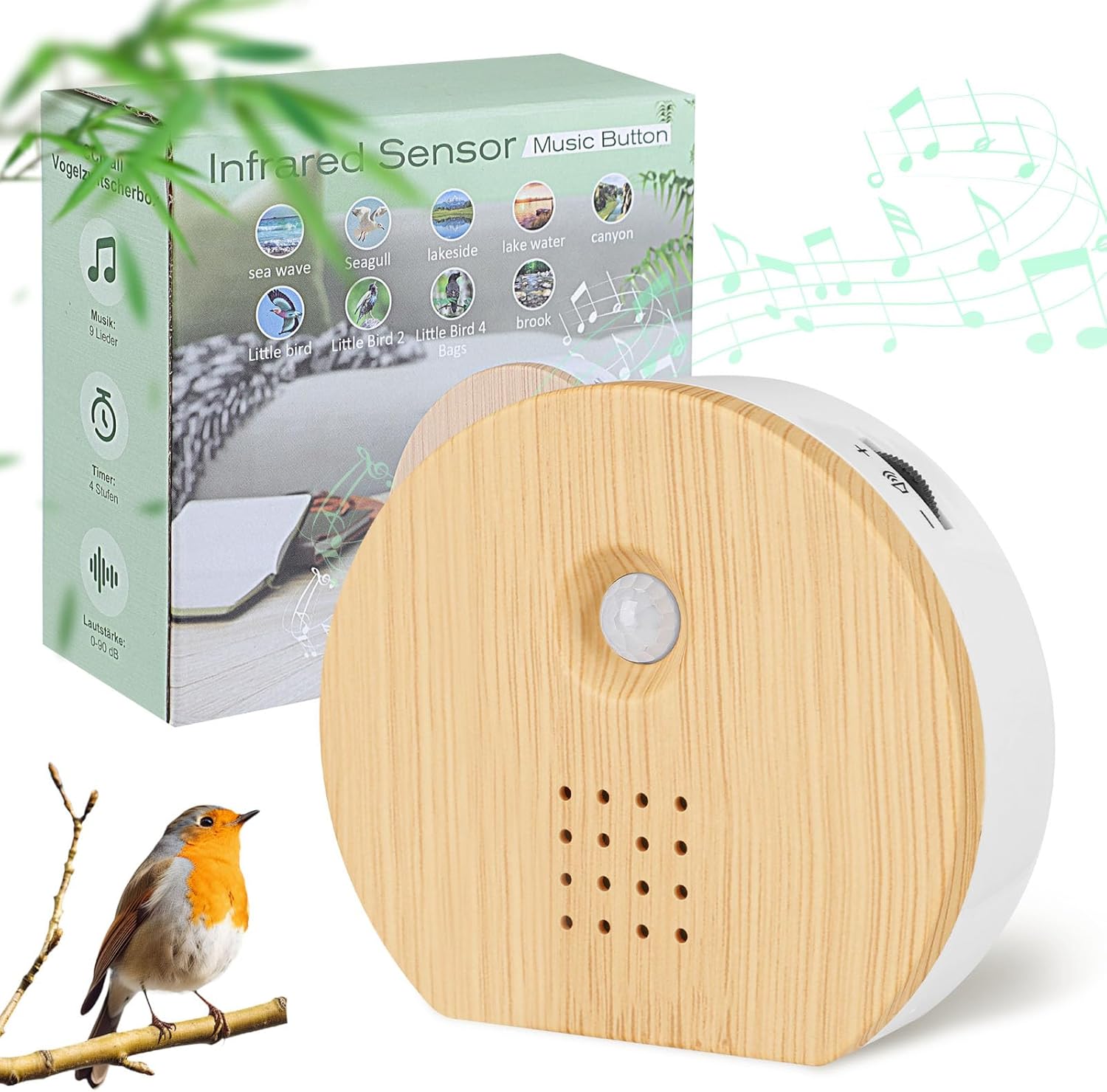 FLLVILLEY singing bird box original front view showcasing premium wood grain finish motion sensor sound machine.