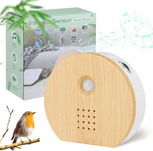 FLLVILLEY singing bird box original front view showcasing premium wood grain finish motion sensor sound machine.