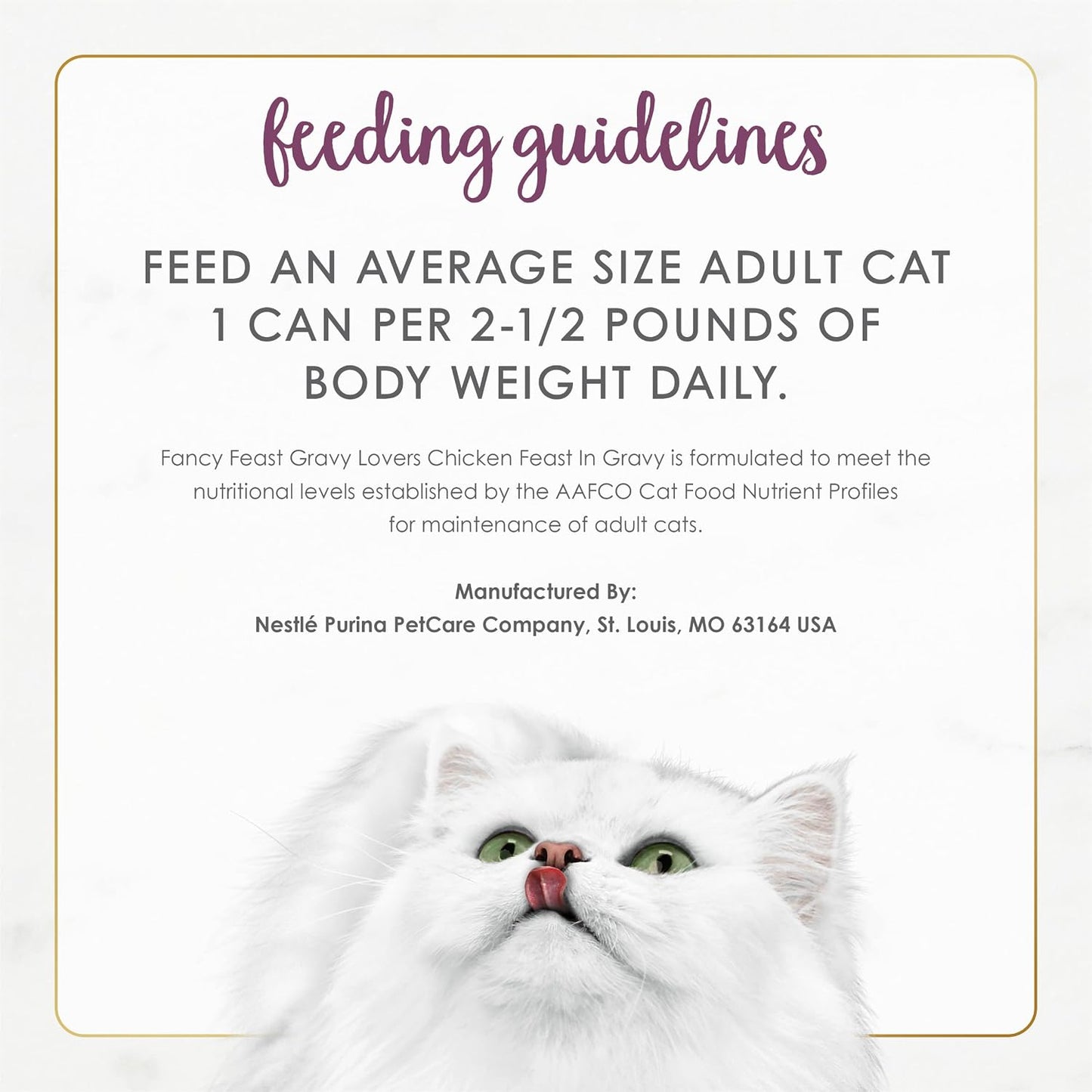 Nutritional information label on Purina Fancy Feast canned cat food