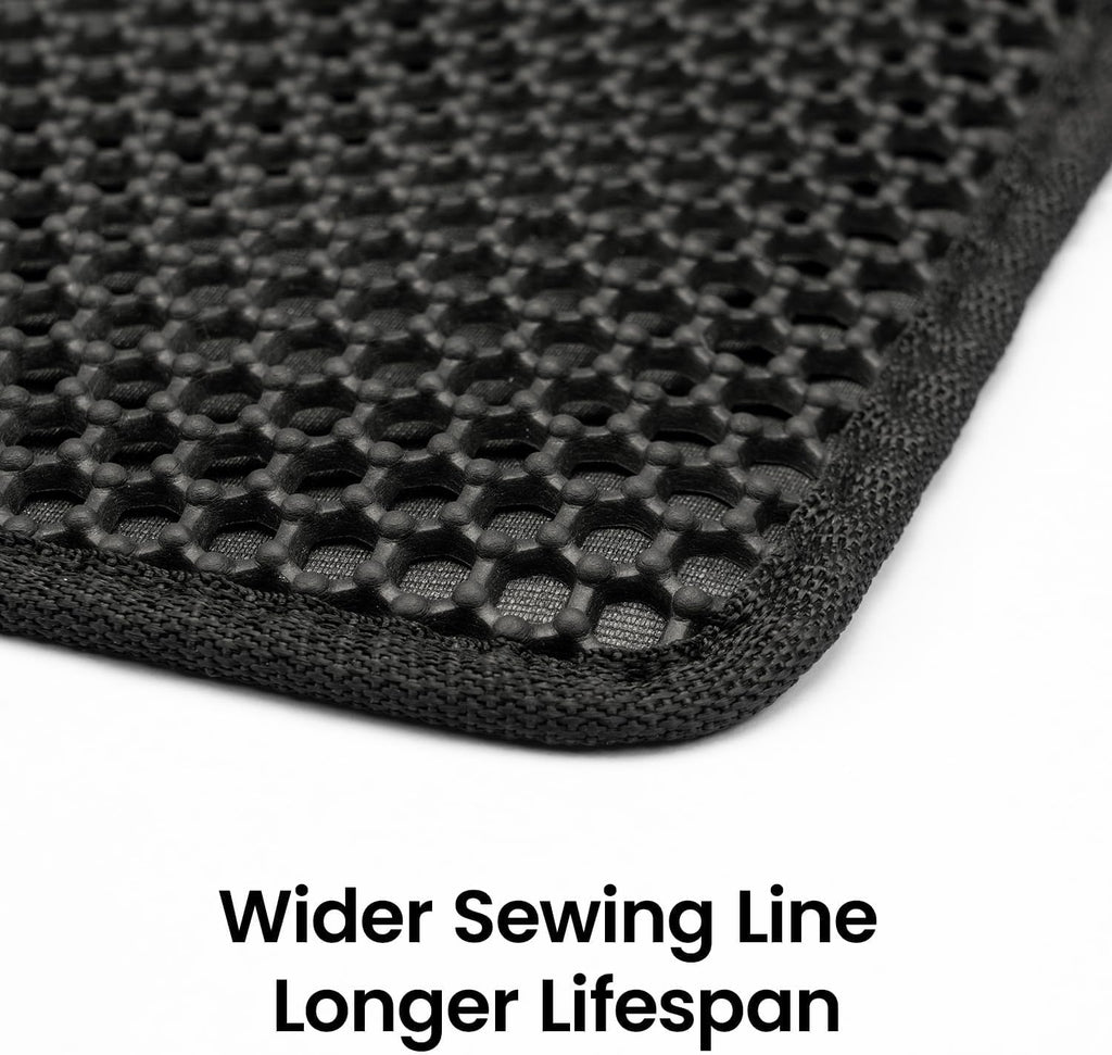 Compact 23.6 by 14.6 inches black cat mat outside a litter box