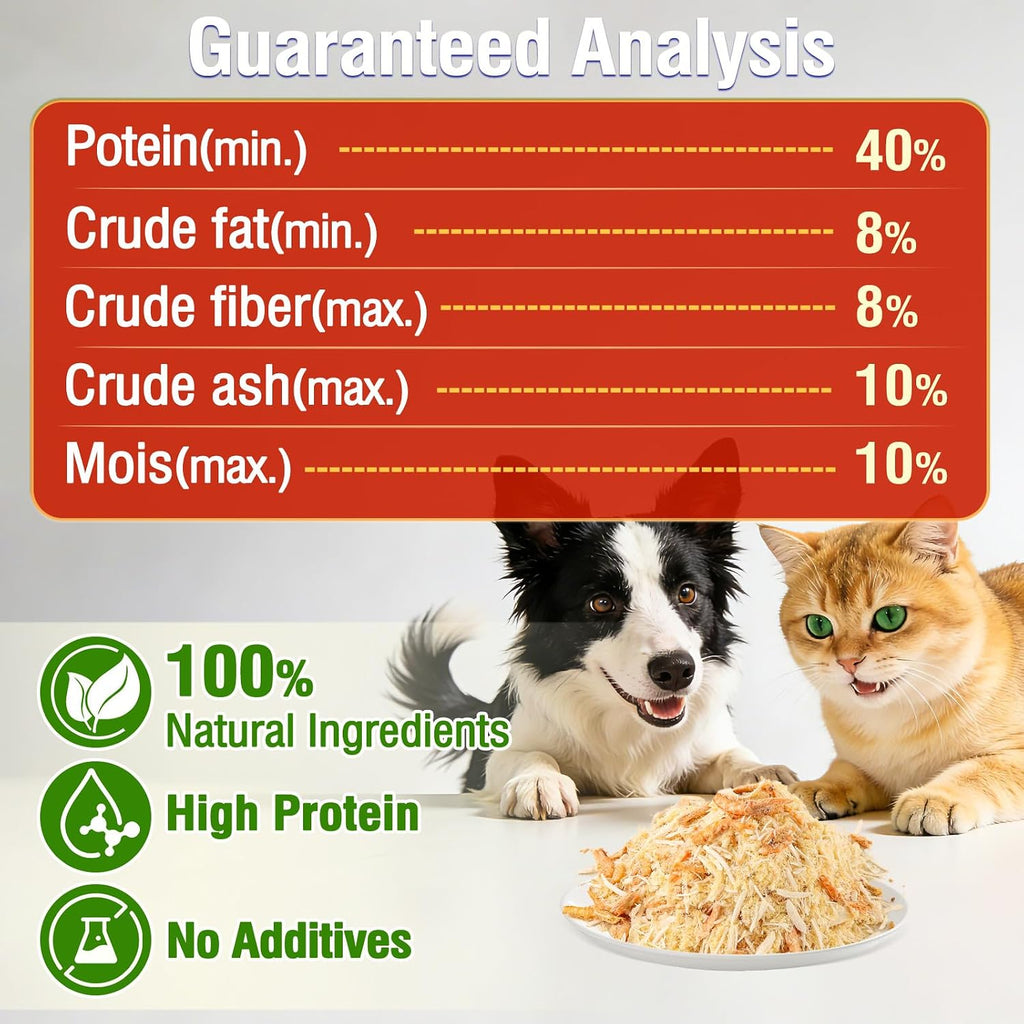 Cat and dog eating food with topper sprinkled on top
