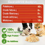 Cat and dog eating food with topper sprinkled on top