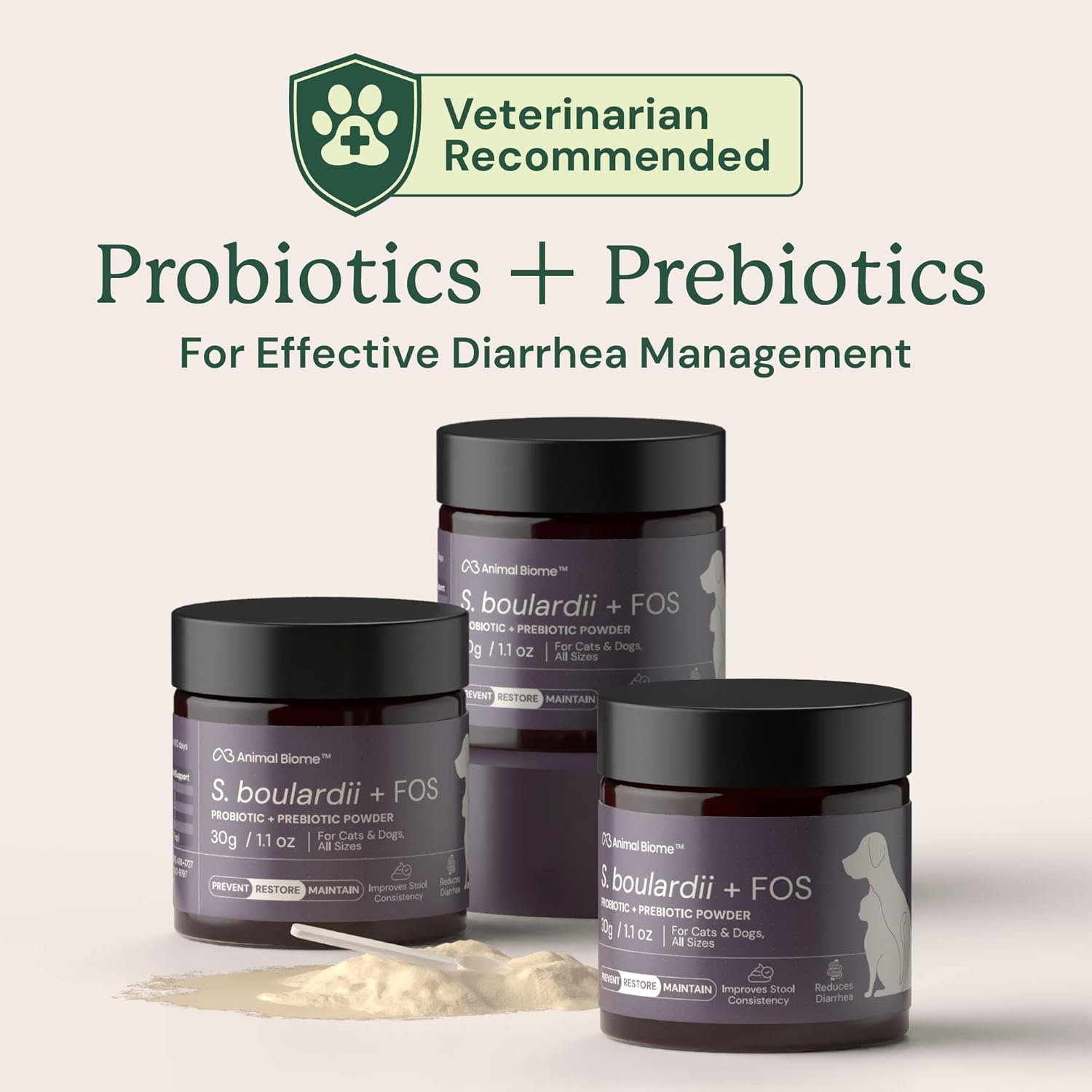 AnimalBiome dual action prebiotic and probiotic formula for managing pet diarrhea