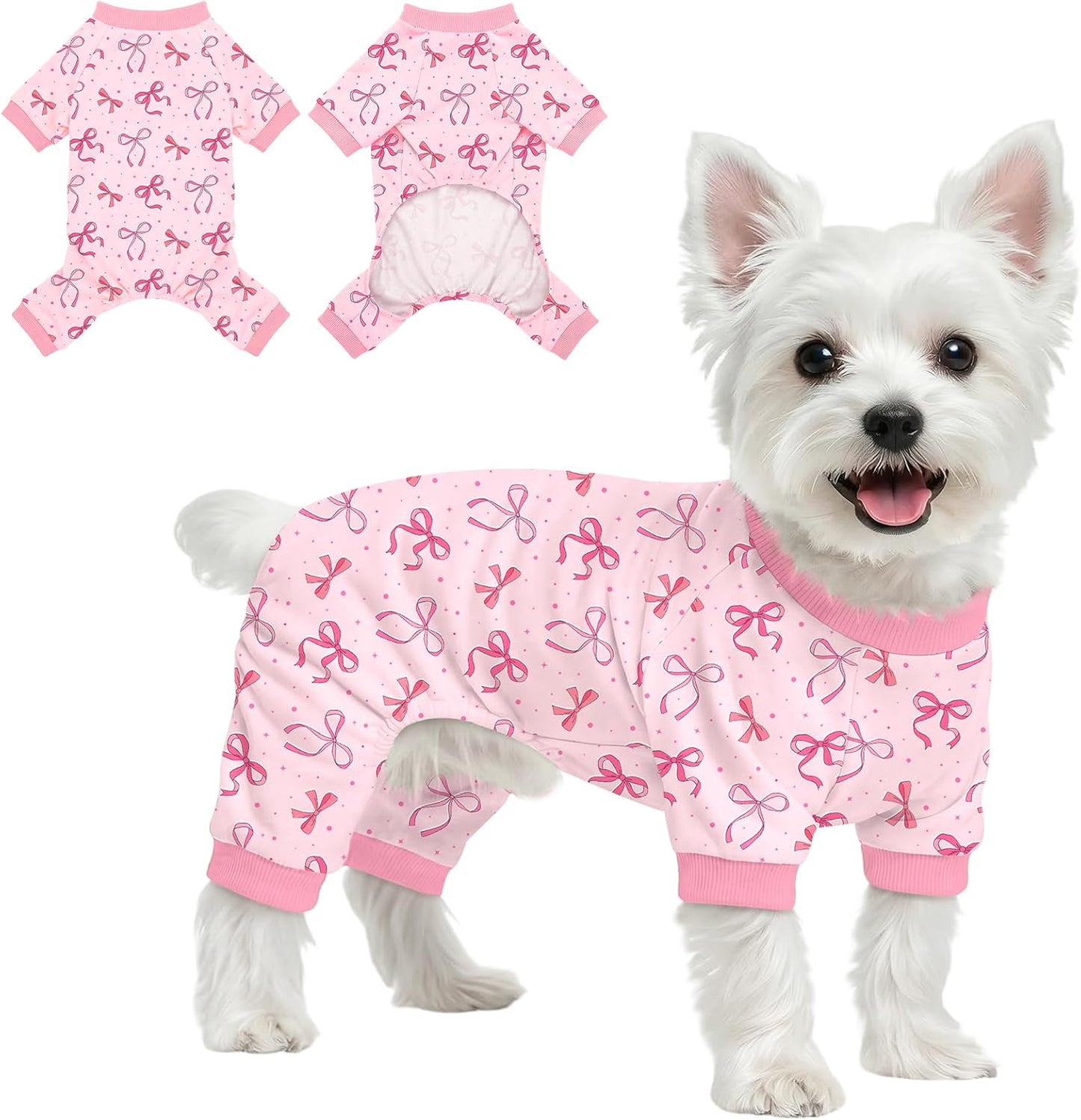 Dog Pajamas for Small Dogs Pjs Recovery Suit Pink Bow Dog Pajamas Breathable Pjs Puppy Pajama Cute Jammies Doggie Onesie Stretchy Soft Sleepwear for Spring Summer Pet Costume-S - Image 11