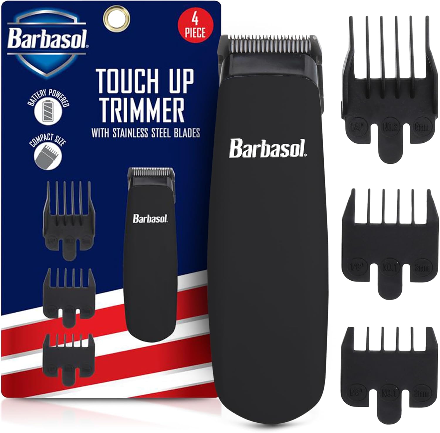 Barbasol touch up trimmer for men front view showing compact black electric body and precision stainless steel blades.