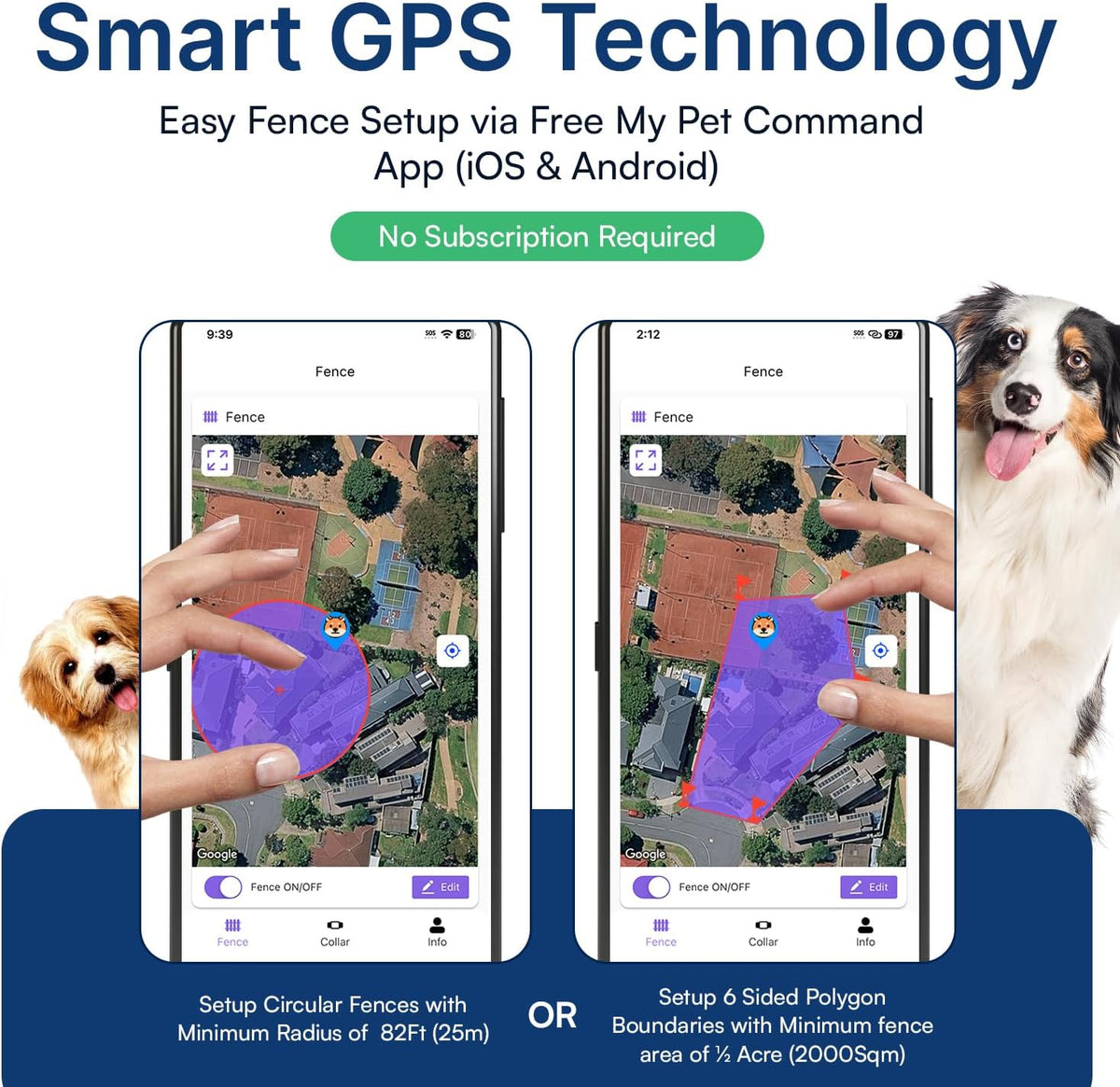 Smartphone application interface mapping a six-sided custom GPS boundary for pets