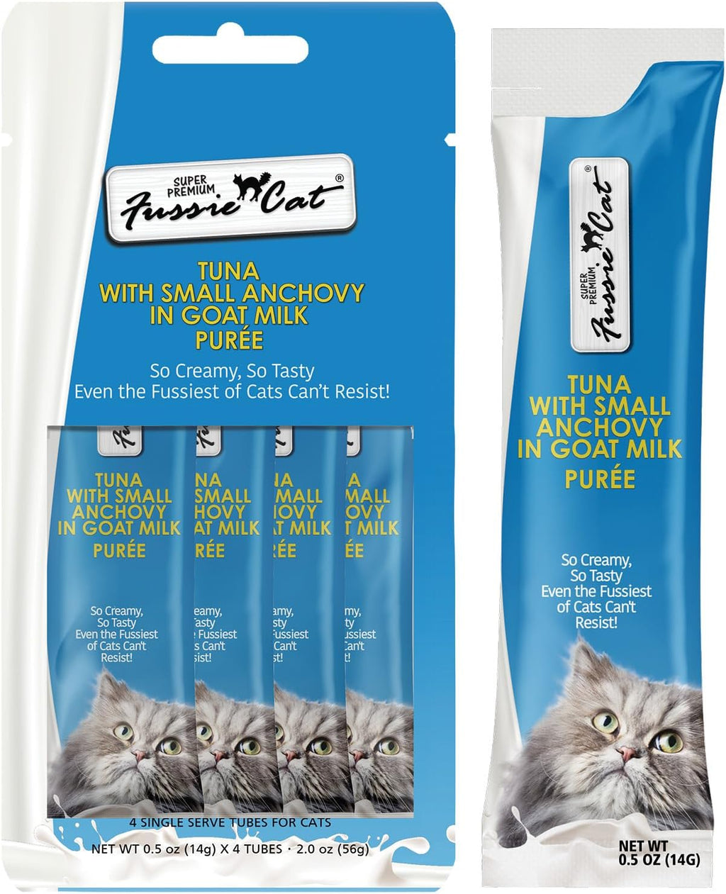 Back of Fussie Cat Premium Tuna and Salmon treat pack