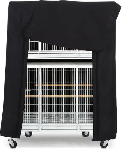 Premium blackout bird cage cover showing top handles for quick setup