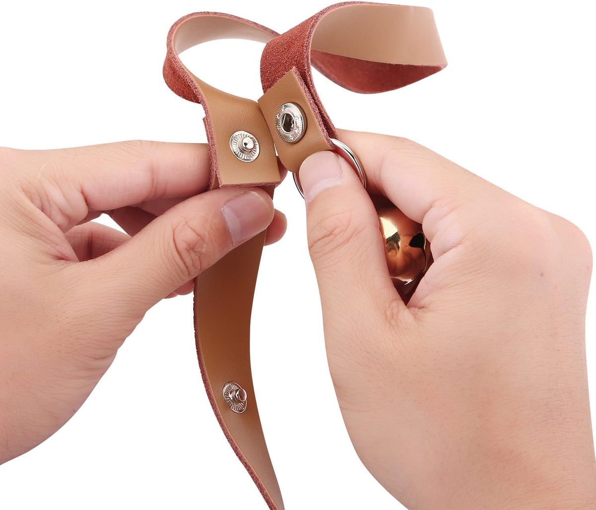 Adjustable brass snap details on leather dog doorbell strap