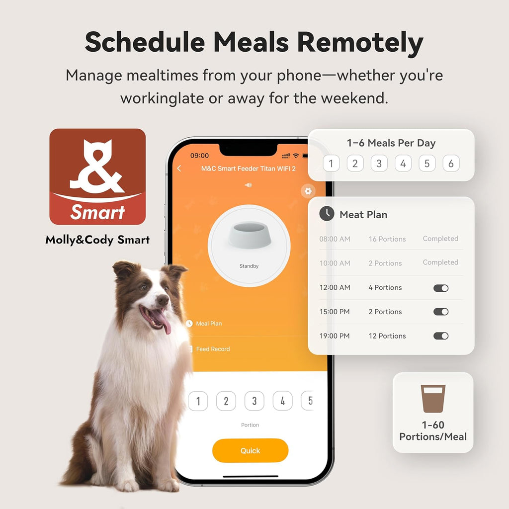 Smart smartphone application interface displaying the meal scheduling options for the Wi-Fi pet feeder.