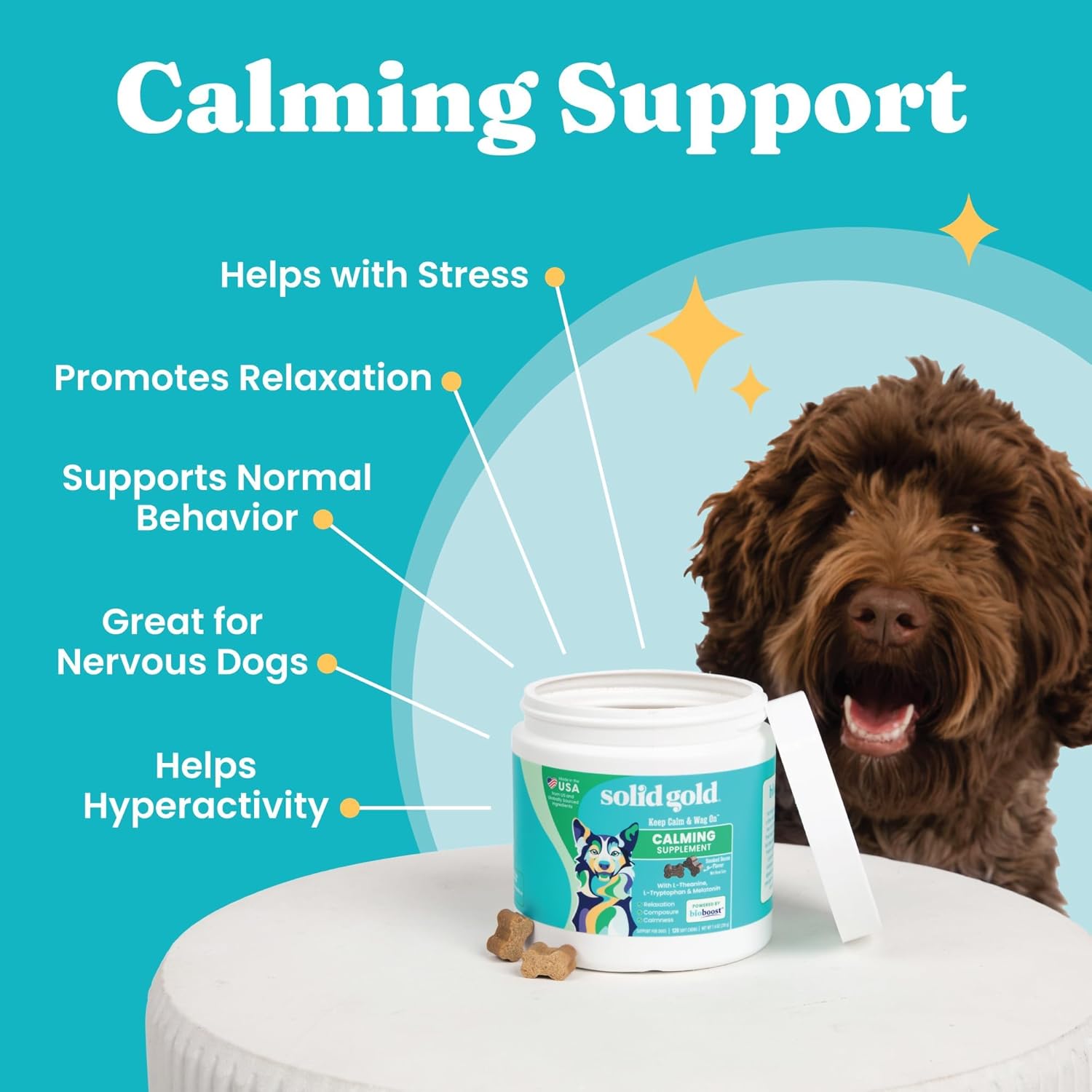 USA imported dog calming treats for separation stress and storms