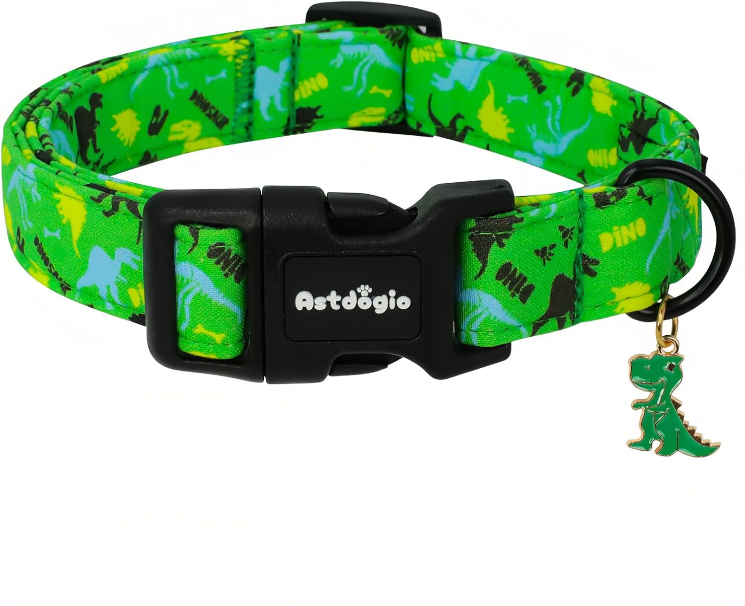 Astdogio green dinosaur cotton dog collar front view