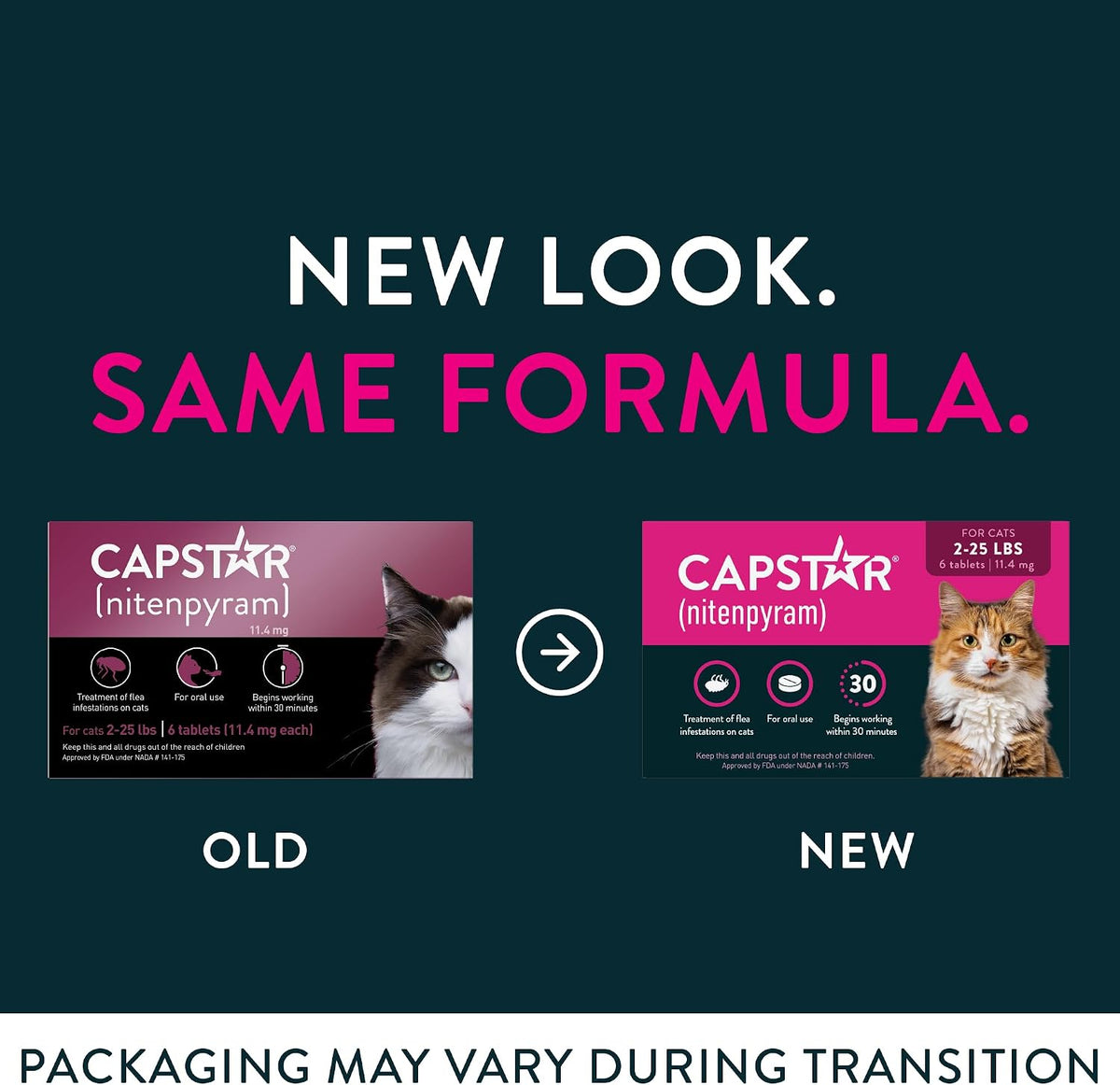 Capstar fast acting flea treatment pills back label displaying clear weight instructions