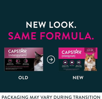 Capstar fast acting flea treatment pills back label displaying clear weight instructions