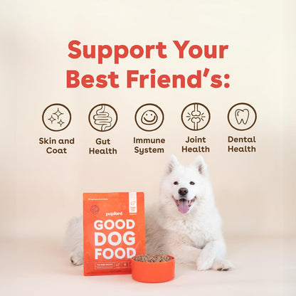 Pupford raw diet package details showing nutritional crude protein facts and daily feeding chart