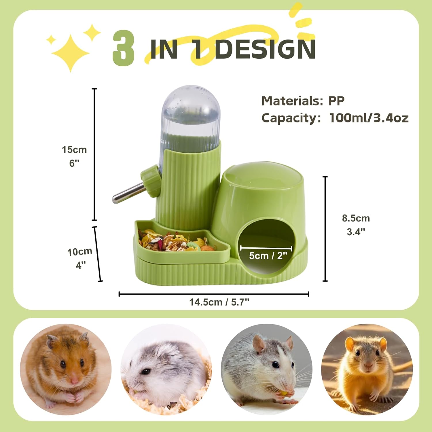 3 in 1 Hamster Water Bottle No Drip Automatic Leakproof Dispenser with Food Container and Hideout Base for Gerbil Rat Dwarf Hamster Mouse (Green, 3.4oz) - Image 6