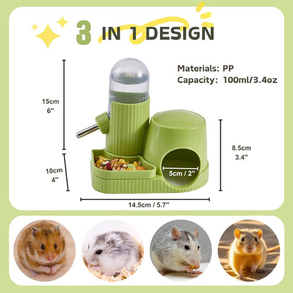 3 in 1 Hamster Water Bottle No Drip Automatic Leakproof Dispenser with Food Container and Hideout Base for Gerbil Rat Dwarf Hamster Mouse (Green, 3.4oz) - Image 6