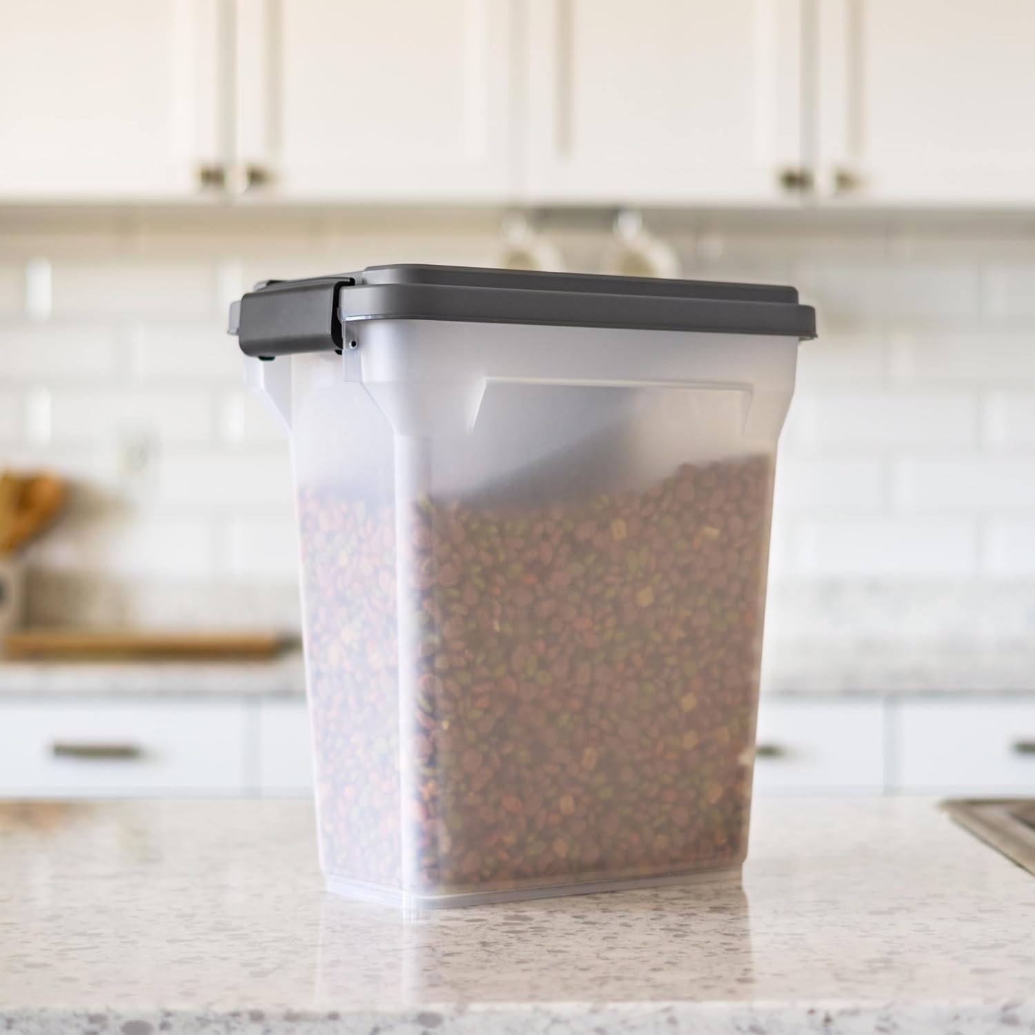 Top view of IRIS USA pet food container with lid open