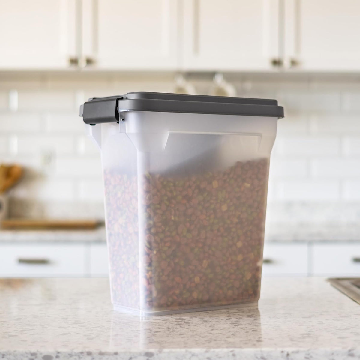 Top view of IRIS USA pet food container with lid open