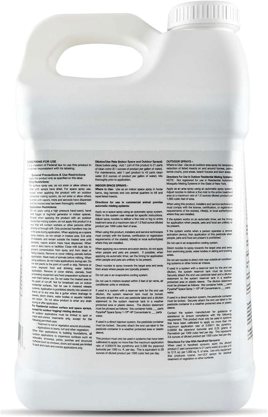 Pyranha barn indoor fly control concentrate refill bottle showing active ingredients and application details