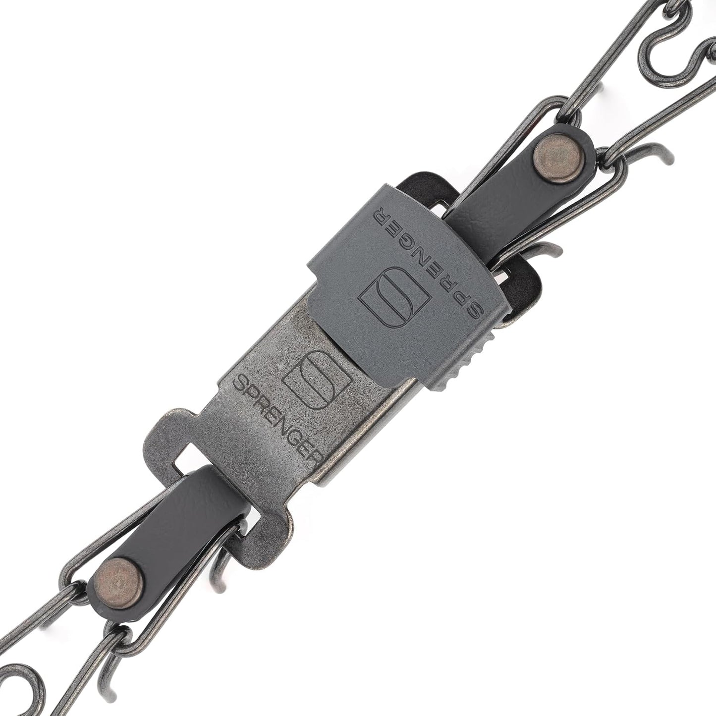 Herm Sprenger black stainless steel collar displaying the three hundred and sixty degree swivel D ring.
