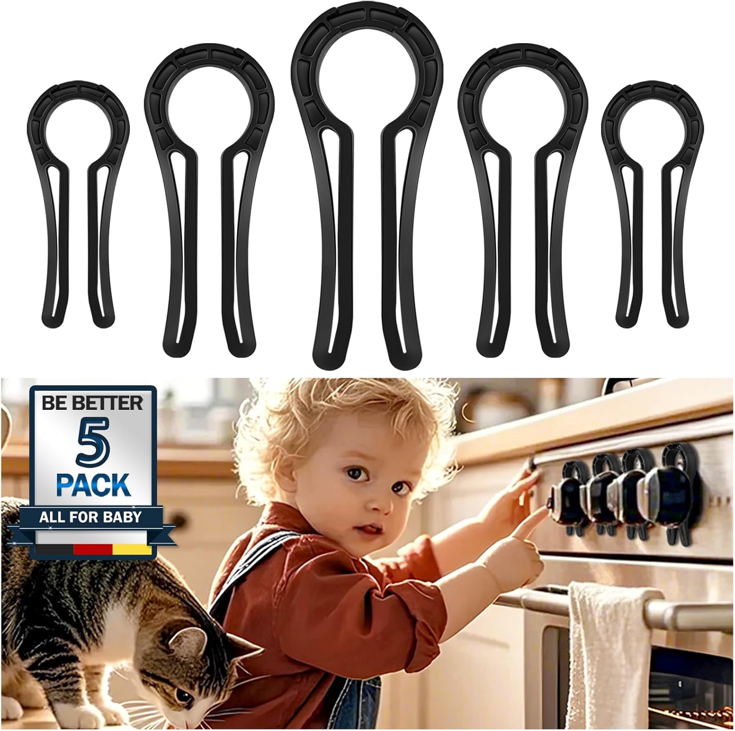 Mcotop gas stove knob locks 5 pack front view black safety covers