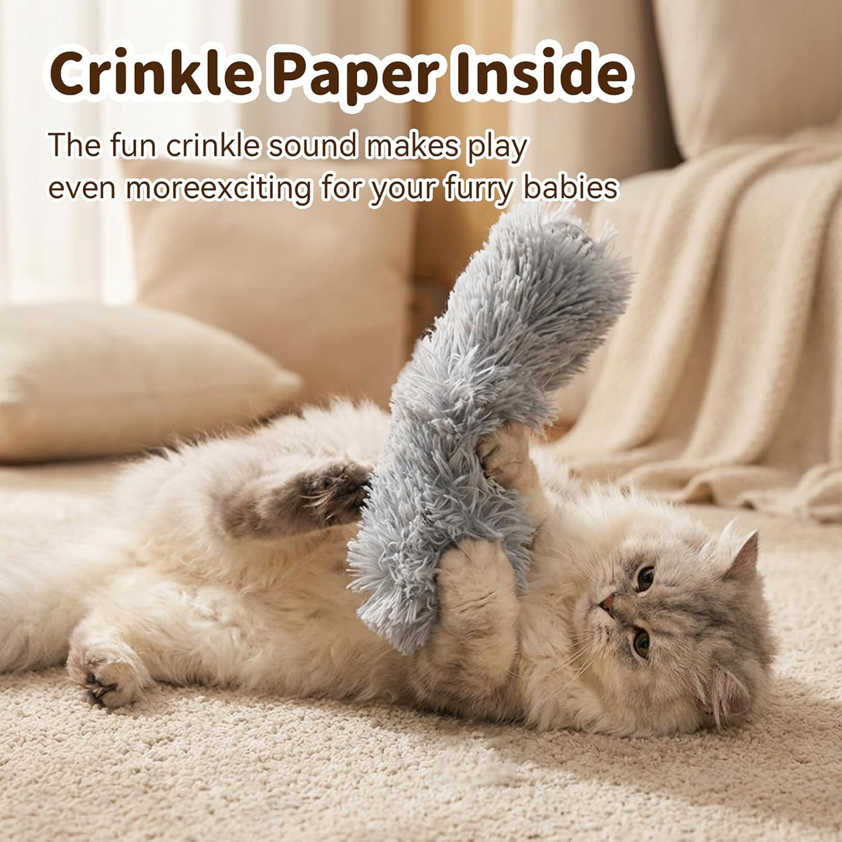 Close up of soft plush kitten kicker toy