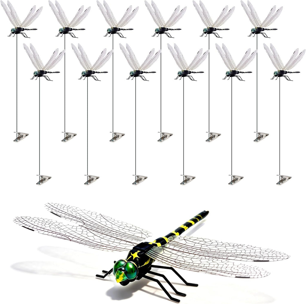 12 Pack Dragonfly Clips, Fake Dragonflies with Stakes, Realistic Plastic Dragonfly Garden Decorations, Fly Deterrent Clips for Hats, Pets, Horses, Deer, Yard, Patio, Indoor & Outdoor Decor - Image 11