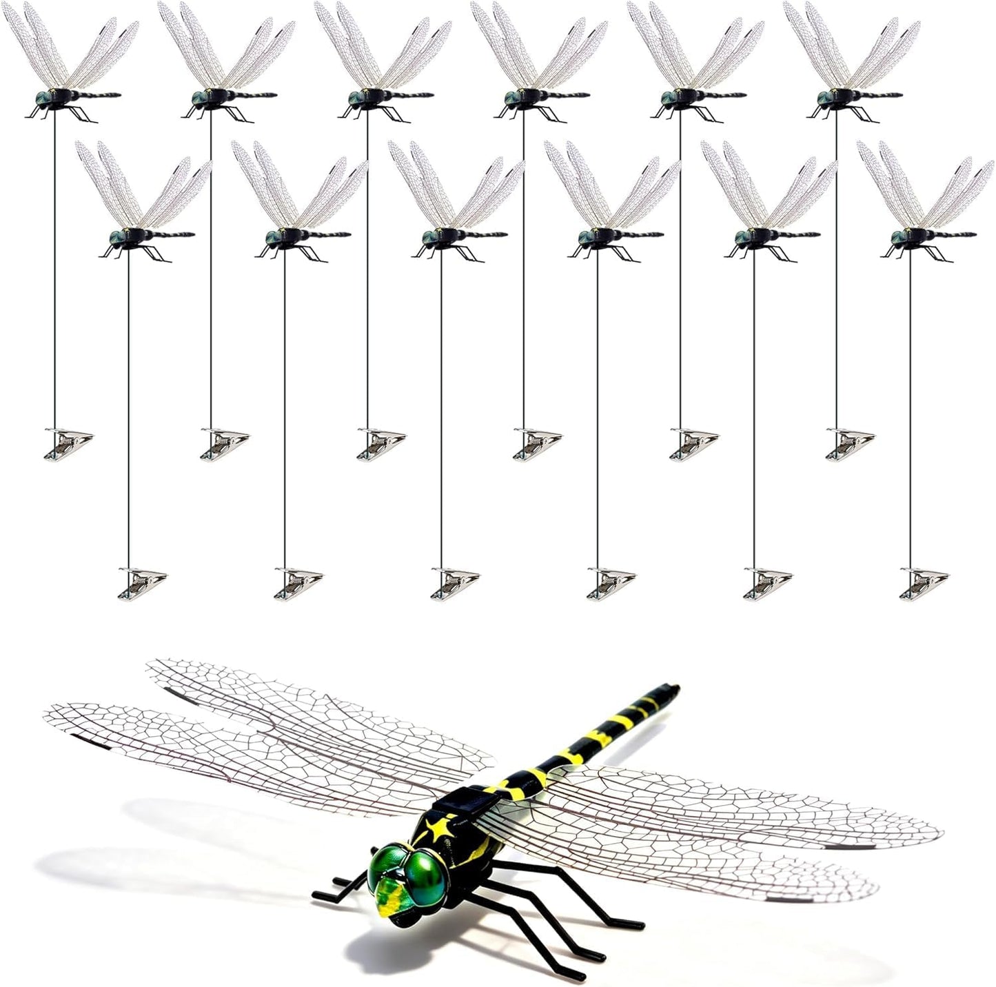 12 Pack Dragonfly Clips, Fake Dragonflies with Stakes, Realistic Plastic Dragonfly Garden Decorations, Fly Deterrent Clips for Hats, Pets, Horses, Deer, Yard, Patio, Indoor & Outdoor Decor - Image 11