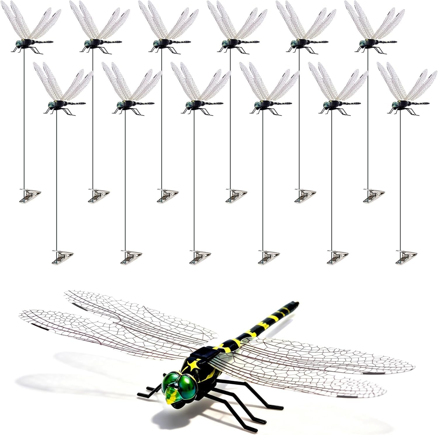 12 Pack Dragonfly Clips, Fake Dragonflies with Stakes, Realistic Plastic Dragonfly Garden Decorations, Fly Deterrent Clips for Hats, Pets, Horses, Deer, Yard, Patio, Indoor & Outdoor Decor - Image 11