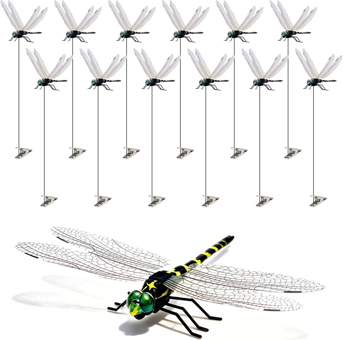 12 Pack Dragonfly Clips, Fake Dragonflies with Stakes, Realistic Plastic Dragonfly Garden Decorations, Fly Deterrent Clips for Hats, Pets, Horses, Deer, Yard, Patio, Indoor & Outdoor Decor - Image 11