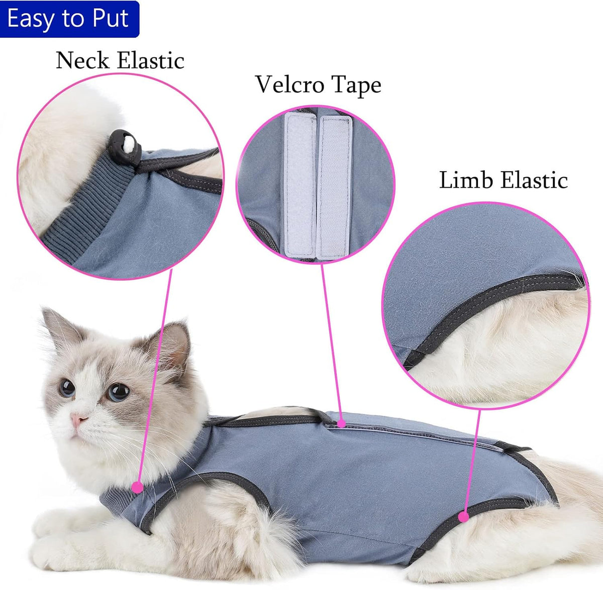 Soft breathable pet surgical recovery suit for cats back view showing secure straps